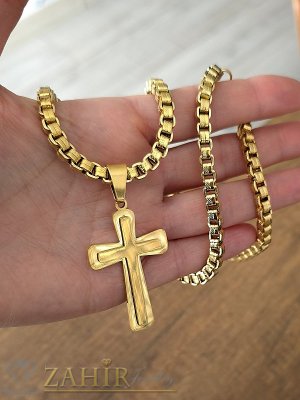 Четвъртит гравиран позлатен стоманен ланец 60 см, широк 0,5 см, с висулка двуслоен полиран стоманен кръст 5 на 3 см - ML1807